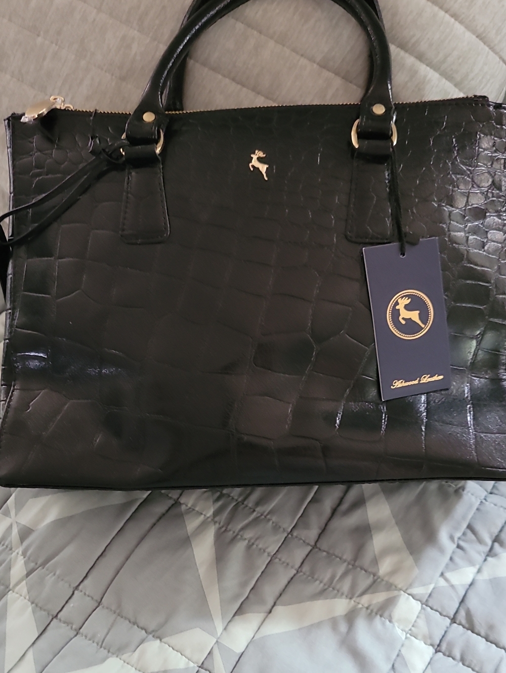 Ashwood Black Croc-Embossed Leather Tote with Gold Deer Accent NWT